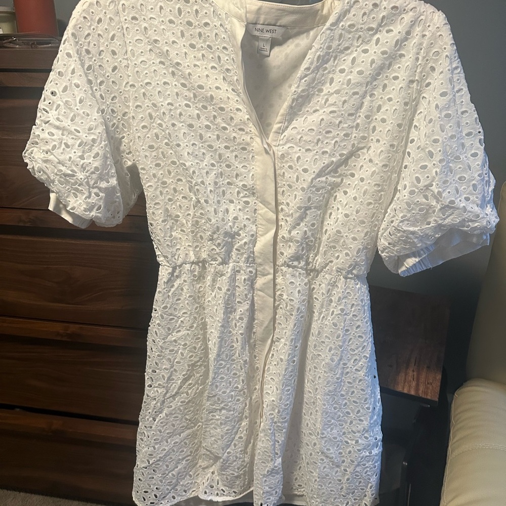 Nine West White Puff Sleeve Midi Dress